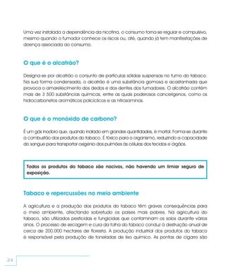 Uma vez instalada a dependência da nicotina, o consumo torna-se regular e compulsivo,
     mesmo quando o fumador conhece os riscos ou, até, quando já tem manifestações de
     doença associada ao consumo.



     O que é o alcatrão?

     Designa-se por alcatrão o conjunto de partículas sólidas suspensas no fumo do tabaco.
     Na sua forma condensada, o alcatrão é uma substância gomosa e acastanhada que
     provoca o amarelecimento dos dedos e dos dentes dos fumadores. O alcatrão contém
     mais de 3 500 substâncias químicas, entre as quais poderosos cancerígenos, como os
     hidrocarbonetos aromáticos policiclícos e as nitrosaminas.



     O que é o monóxido de carbono?

     É um gás inodoro que, quando inalado em grandes quantidades, é mortal. Forma-se durante
     a combustão dos produtos do tabaco. É tóxico para o organismo, reduzindo a capacidade
     do sangue para transportar oxigénio dos pulmões às células dos tecidos e órgãos.



      Todos os produtos do tabaco são nocivos, não havendo um limiar seguro de
      exposição.



     Tabaco e repercussões no meio ambiente

     A agricultura e a produção dos produtos do tabaco têm graves consequências para
     o meio ambiente, afectando sobretudo os países mais pobres. Na agricultura do
     tabaco, são utilizados pesticidas e fungicidas que contaminam os solos durante vários
     anos. O processo de secagem e cura da folha do tabaco conduz à destruição anual de
     cerca de 200.000 hectares de floresta. A produção industrial dos produtos do tabaco
     é responsável pela produção de toneladas de lixo químico. As pontas de cigarro são




24
 