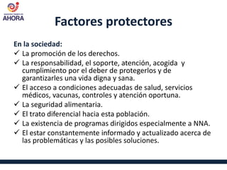 Factores protectores
En la sociedad:
 La promoción de los derechos.
 La responsabilidad, el soporte, atención, acogida y
cumplimiento por el deber de protegerlos y de
garantizarles una vida digna y sana.
 El acceso a condiciones adecuadas de salud, servicios
médicos, vacunas, controles y atención oportuna.
 La seguridad alimentaria.
 El trato diferencial hacia esta población.
 La existencia de programas dirigidos especialmente a NNA.
 El estar constantemente informado y actualizado acerca de
las problemáticas y las posibles soluciones.
 