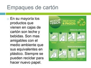 Empaques de cartón
 En su mayoría los
productos que
vienen en cajas de
cartón son leche y
bebidas. Son mas
amigables con el
medio ambiente que
sus equivalentes en
plástico. Siempre se
pueden reciclar para
hacer nuevo papel.
 