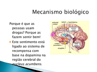 Porque é que as pessoas usam drogas? Porque as fazem sentir bem!  Este sentimento está ligado ao sistema de recompensa com base na dopamina na região cerebral do  nucleus acumbens . 