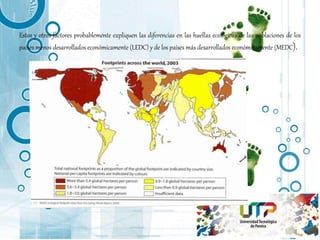 Estos y otros factores probablemente expliquen las diferencias en las huellas ecológicas de las poblaciones de los
países menos desarrollados económicamente (LEDC) y de los países más desarrollados económicamente (MEDC).
 