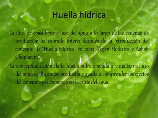 Huella hídrica
La idea de considerar el uso del agua a lo largo de las cadenas de
producción ha cobrado interés después de la introducción del
concepto de “Huella Hídrica” en 2002 (Arjen Hoekstra y Ashok
Chapagain).
La conceptualización de la huella hídrica ayuda a visualizar el uso
del agua oculta en los productos y ayuda a comprender los efectos
del consumo y el comercio en la crisis del agua.
 