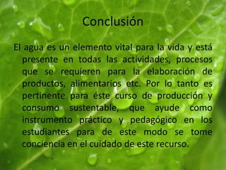 Conclusión
El agua es un elemento vital para la vida y está
presente en todas las actividades, procesos
que se requieren para la elaboración de
productos, alimentarios etc. Por lo tanto es
pertinente para éste curso de producción y
consumo sustentable, que ayude como
instrumento práctico y pedagógico en los
estudiantes para de este modo se tome
conciencia en el cuidado de este recurso.
 