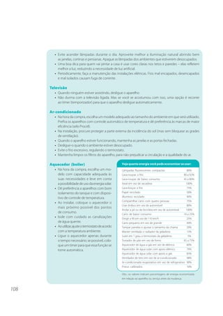 108
Vejaquantaenergiavocêpodeeconomizarseusar:
Lâmpadas fluorescentes compactas 80%
Lava-roupas a frio 80 a 92%
Lava-roupas de baixo consumo 45 a 80%
Varal em vez de secadora 100%
Lava-louças a frio 75%
Papel reciclado 50%
Alumínio reciclado 90%
Compartilhar carro com quatro pessoas 75%
Usar ônibus em vez de automóvel 80%
Andar a pé ou de bicicleta em vez de automóvel 100%
Carro de baixo consumo 16 a 25%
Dirigir a 90 em vez de 110 km/h 25%
Carro pequeno em vez de grande 44%
Tampar panelas e ajustar o tamanho da chama 20%
Manter ventilado o radiador da geladeira 15%
Subir em 1 grau o termostato da geladeira 5%
Tostador de pão em vez de forno 65 a 75%
Aquecedor de água a gás em vez de elétrico 60%
Aquecedor de água solar com apoio elétrico 70%
Aquecedor de água solar com apoio a gás 85%
Ventilador de teto em vez de ar-condicionado 98%
Ar-condicionado evaporativo em vez de refrigerativo 90%
Pneus calibrados 10%
Obs.: os valores indicam porcentagens de energia economizada
em relação ao aparelho ou serviço antes da mudança.
• Evite acender lâmpadas durante o dia. Aproveite melhor a iluminação natural abrindo bem
as janelas, cortinas e persianas. Apague as lâmpadas dos ambientes que estiverem desocupados.
• Uma boa dica para quem vai pintar a casa é usar cores claras nos tetos e paredes – elas refletem
melhor a luz, reduzindo a necessidade de luz artificial.
• Periodicamente, faça a manutenção das instalações elétricas. Fios mal encapados, desencapados
e mal isolados causam fuga de corrente.
Televisão
• Quando ninguém estiver assistindo, desligue o aparelho.
• Não durma com a televisão ligada. Mas se você se acostumou com isso, uma opção é recorrer
ao timer (temporizador) para que o aparelho desligue automaticamente.
Ar-condicionado
• Na hora da compra, escolha um modelo adequado ao tamanho do ambiente em que será utilizado.
Prefira os aparelhos com controle automático de temperatura e dê preferência às marcas de maior
eficiência (selo Procel).
• Na instalação, procure proteger a parte externa da incidência do sol (mas sem bloquear as grades
de ventilação).
• Quando o aparelho estiver funcionando, mantenha as janelas e as portas fechadas.
• Desligue-o quando o ambiente estiver desocupado.
• Evite o frio excessivo, regulando o termostato.
• Mantenha limpos os filtros do aparelho, para não prejudicar a circulação e a qualidade do ar.
Aquecedor (boiler)
• Na hora da compra, escolha um mo-
delo com capacidade adequada às
suas necessidades e leve em conta
apossibilidadedeusodaenergiasolar.
• Dê preferência a aparelhos com bom
isolamento do tanque e com disposi-
tivo de controle de temperatura.
• Ao instalar, coloque o aquecedor o
mais próximo possível dos pontos
de consumo.
• Isole com cuidado as canalizações
de água quente.
• Aoutilizar,ajusteotermostatodeacordo
com a temperatura ambiente.
• Ligue o aquecedor apenas durante
o tempo necessário; se possível, colo-
que um timer para que essa função se
torne automática.
 