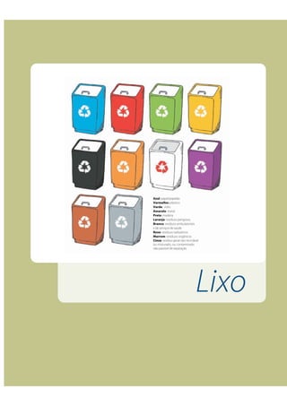 113
Lixo
Azul: papel/papelão
Vermelho: plástico
Verde: vidro
Amarelo: metal
Preto: madeira
Laranja: resíduos perigosos
Branco: resíduos ambulatoriais
e de serviços de saúde
Roxo: resíduos radioativos
Marrom: resíduos orgânicos
Cinza: resíduo geral não-reciclável
ou misturado, ou contaminado
não passível de separação
 
