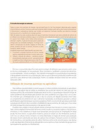 4 3
Por isso, o consumidor deve ficar mais atento à origem do alimento que consome, assim como
às técnicas empregadas na sua produção. Deve considerar a qualidade e pureza dos alimentos,
a sustentabilidade – social e ecológica – dos métodos empregados na sua produção e os problemas
e desigualdades existentes na sua distribuição. Sabe-se que os alimentos produzidos atualmente são
suficientes para alimentar toda a população. Porém, os cidadãos de baixa renda não têm acesso
adequado a eles.
Utilização de insumos químicos na agricultura
Para melhorar a produtividade ou tentar assegurar os índices já obtidos de produção, os agricultores
costumam usar algum tipo de adubo ou fertilizante. Isso ocorre até mesmo em solos que, por sua
natureza química, não necessitariam da aplicação desse recurso, e cuja produção é baixa em função de
outros problemas não percebidos pelo produtor, tais como, problemas com a água, a luz, o ar e o calor.
Por entender que a fertilidade está no solo e não no conjunto de relações existentes entre todos
os componentes do ambiente em que o alimento é produzido, os produtores passaram a atribuir
aos fertilizantes papel de destaque no processo produtivo. Porém, no conceito de agricultura sustentável,
a produção de alimento deve considerar a fertilidade do agroecossistema, de modo que o foco esteja
em todas as etapas do sistema produtivo e não apenas no solo.
O adubo mais simples e natural utilizado desde os tempos mais remotos é o esterco, que mistu-
rado a restos vegetais e fermentado de forma correta, resulta no composto orgânico. Esse processo,
entretanto, é mais trabalhoso e requer local apropriado para que possa ser empregado em larga
escala. Por esse motivo, na agricultura moderna, passou-se a fazer uso dos fertilizantes químicos.
Com isso, as culturas menos rentáveis e as áreas destinadas à criação de animais para produção
de esterco foram substituídas por áreas de cultivos mais rentáveis. Passaram a existir os sistemas
de monocultivos, com grandes áreas de cultivo intensivo, como as de cana-de-açúcar, soja, laranja
e café, que dependem fortemente da utilização de insumos químicos, hoje chamados de agroquímicos
(principalmente, agrotóxicos e fertilizantes).
O circuito da energia na natureza
Todos os seres vivos precisam de energia, cuja principal fonte é o Sol. Sua energia é absorvida pelos vegetais
e transmitida aos animais. O processo pelo qual as plantas obtêm energia a partir da luz solar chama-se fotossíntese.
A fotossíntese é realizada por plantas que contêm um pigmento chamado clorofila, que absorve a energia
luminosa do sol e a transforma em energia química.
Além de captar a luz solar, as plantas absorvem água e nutrientes minerais por suas raízes e dióxido de carbono do
ar. Utilizam a luz solar para combinar a água e os nutrientes com o dióxido de carbono e assim formam glicose, que
é o açúcar mais simples. Como resíduo desse processo,
eliminam oxigênio. A glicose formada provê a planta de
energia para suas atividades biológicas. A energia exce-
dente é armazenada nos tecidos vegetais em forma de
amido, produto do qual os animais, inclusive os seres
humanos, obtêm energia.
As plantas proporcionam duplo beneficio aos seres vivos:
1. Convertem a energia luminosa do Sol em energia
química, repassada aos animais e a outros seres vivos.
2. Utilizam o dióxido de carbono – substância residual
produzida pela respiração animal – para gerar glicose
e oxigênio, ambos indispensáveis para a vida. Por isso,
diz-se que as plantas purificam o ar e fornecem oxigênio.
 
