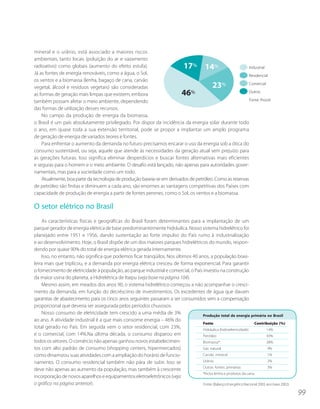 mineral e o urânio, está associado a maiores riscos
ambientais, tanto locais (poluição do ar e vazamento
radioativo) como globais (aumento do efeito estufa).
Já as fontes de energia renováveis, como a água, o Sol,
os ventos e a biomassa (lenha, bagaço de cana, carvão
vegetal, álcool e resíduos vegetais) são consideradas
as formas de geração mais limpas que existem, embora
também possam afetar o meio ambiente, dependendo
das formas de utilização desses recursos.
    No campo da produção de energia da biomassa,
o Brasil é um país absolutamente privilegiado. Por dispor da incidência da energia solar durante todo
o ano, em quase toda a sua extensão territorial, pode se propor a implantar um amplo programa
de geração de energia de variados teores e fontes.
    Para enfrentar o aumento da demanda no futuro precisamos encarar o uso da energia sob a ótica do
consumo sustentável, ou seja, aquele que atende às necessidades da geração atual sem prejuízo para
as gerações futuras. Isso significa eliminar desperdícios e buscar fontes alternativas mais eficientes
e seguras para o homem e o meio ambiente. O desafio está lançado, não apenas para autoridades gover-
namentais, mas para a sociedade como um todo.
    Atualmente, boa parte da tecnologia de produção baseia-se em derivados de petróleo. Como as reservas
de petróleo são finitas e diminuem a cada ano, são enormes as vantagens competitivas dos Países com
capacidade de produção de energia a partir de fontes perenes, como o Sol, os ventos e a biomassa.

O setor elétrico no Brasil
    As características físicas e geográficas do Brasil foram determinantes para a implantação de um
parque gerador de energia elétrica de base predominantemente hidráulica. Nosso sistema hidrelétrico foi
planejado entre 1951 e 1956, dando sustentação ao forte impulso do País rumo à industrialização
e ao desenvolvimento. Hoje, o Brasil dispõe de um dos maiores parques hidrelétricos do mundo, respon-
dendo por quase 90% do total de energia elétrica gerada internamente.
    Isso, no entanto, não significa que podemos ficar tranqüilos. Nos últimos 40 anos, a população brasi-
leira mais que triplicou, e a demanda por energia elétrica cresceu de forma exponencial. Para garantir
o fornecimento de eletricidade à população, ao parque industrial e comercial, o País investiu na construção
da maior usina do planeta, a Hidrelétrica de Itaipu (veja boxe na página 104).
    Mesmo assim, em meados dos anos 90, o sistema hidrelétrico começou a não acompanhar o cresci-
mento da demanda, em função do decréscimo de investimentos. Os excedentes de água que davam
garantias de abastecimento para os cinco anos seguintes passaram a ser consumidos sem a compensação
proporcional que deveria ser assegurada pelos períodos chuvosos.
    Nosso consumo de eletricidade tem crescido a uma média de 3%                     Produção total de energia primária no Brasil
ao ano. A atividade industrial é a que mais consome energia – 46% do
                                                                                     Fonte                            Contribuição (%)
total gerado no País. Em seguida vem o setor residencial, com 23%,                   Hidráulica (hidroeletricidade)            14%
e o comercial, com 14%.Na última década, o consumo disparou em                       Petróleo                                  43%
todos os setores. O comércio não apenas ganhou novos estabelecimen-                  Biomassa*                                 28%
tos com alto padrão de consumo (shopping centers, hipermercados)                     Gás natural                                9%
como dinamizou suas atividades com a ampliação do horário de funcio-                 Carvão mineral                             1%
namento. O consumo residencial também não pára de subir. Isso se                     Urânio                                     2%
                                                                                     Outras fontes primárias                    3%
deve não apenas ao aumento da população, mas também à crescente
                                                                                     *Inclui lenha e produtos da cana.
incorporação de novos aparelhos e equipamentos eletroeletrônicos (veja
o gráfico na página anterior).                                                       Fonte: (Balanço Energético Nacional 2003, ano base 2002)

                                                                                                                                                99
 