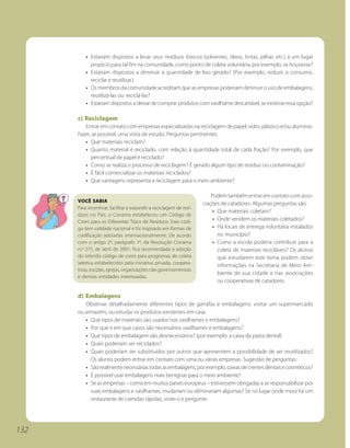 • Estariam dispostos a levar seus resíduos tóxicos (solventes, óleos, tintas, pilhas etc.) a um lugar
            propício para tal fim na comunidade, como ponto de coleta voluntária, por exemplo, se houvesse?
          • Estariam dispostos a diminuir a quantidade de lixo gerado? (Por exemplo, reduzir o consumo,
            reciclar e reutilizar.)
          • Os membros da comunidade acreditam que as empresas poderiam diminuir o uso de embalagens,
            reutilizá-las ou reciclá-las?
          • Estariam dispostos a deixar de comprar produtos com vasilhame descartável, se existisse essa opção?

      c) Reciclagem
         Entrar em contato com empresas especializadas na reciclagem de papel, vidro, plástico e/ou alumínio.
      Fazer, se possível, uma visita de estudo. Perguntas pertinentes:
         • Que materiais reciclam?
         • Quanto material é reciclado, com relação à quantidade total de cada fração? Por exemplo, que
             percentual de papel é reciclado?
         • Como se realiza o processo de reciclagem? É gerado algum tipo de resíduo ou contaminação?
         • É fácil comercializar os materiais reciclados?
         • Que vantagens representa a reciclagem para o meio ambiente?

                                                                        Podem também entrar em contato com asso-
      VOCÊ SABIA
                                                                    ciações de catadores. Algumas perguntas são:
      Para incentivar, facilitar e expandir a reciclagem de resí-
                                                                         • Que materiais coletam?
      duos no País, o Conama estabeleceu um Código de
      Cores para os Diferentes Tipos de Resíduos. Esse códi-             • Onde vendem os materiais coletados?
      go tem validade nacional e foi inspirado em formas de              • Há locais de entrega voluntária instalados
      codificação adotadas internacionalmente. De acordo                   no município?
      com o artigo 2º, parágrafo 1º, da Resolução Conama                 • Como a escola poderia contribuir para a
      n.º 275, de abril de 2001, fica recomendada a adoção                 coleta de materiais recicláveis? Os alunos
      do referido código de cores para programas de coleta                 que estudarem este tema podem obter
      seletiva estabelecidos pela iniciativa privada, coopera-
                                                                           informações na Secretaria de Meio Am-
      tivas, escolas, igrejas, organizações não governamentais
                                                                           biente de sua cidade e nas associações
      e demais entidades interessadas.
                                                                           ou cooperativas de catadores.

      d) Embalagens
         Observar detalhadamente diferentes tipos de garrafas e embalagens: visitar um supermercado
      ou armazém, ou estudar os produtos existentes em casa.
         • Que tipos de materiais são usados nos vasilhames e embalagens?
         • Por que e em que casos são necessários vasilhames e embalagens?
         • Que tipos de embalagem são desnecessários? (por exemplo: a caixa da pasta dental)
         • Quais poderiam ser reciclados?
         • Quais poderiam ser substituídos por outros que apresentem a possibilidade de ser reutilizados?
           Os alunos podem entrar em contato com uma ou várias empresas. Sugestão de perguntas:
         • São realmente necessárias todas as embalagens, por exemplo, caixas de cremes dentais e cosméticos?
         • É possível usar embalagens mais benignas para o meio ambiente?
         • Se as empresas – como em muitos países europeus – estivessem obrigadas a se responsabilizar por
           suas embalagens e vasilhames, mudariam ou eliminariam algumas? Se no lugar onde mora há um
           restaurante de comidas rápidas, visite-o e pergunte:




132
 