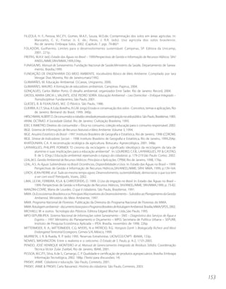 FILIZOLA, H. F.; Pessoa, M.C.P.Y.; Gomes, M.A.F.; Souza, M.D.de. Contaminação dos solos em áreas agrícolas. In:
         Manzatto, C. V.; Freitas Jr, E. de.; Peres, J. R.R. (eds). Uso agrícola dos solos brasileiros.
         Rio de Janeiro: Embrapa Solos, 2002. (Capítulo 7, pgs. 79-86)^
FOLADORI, Guilhermo. Limites para o desenvolvimento sustentável. Campinas, SP: Editora da Unicamp,
         2001, 221p.
FREITAS, M.A.V. (ed.) Estado das Águas no Brasil – 1999:Perspectivas de Gestão e Informação de Recursos Hídricos. SIH/
         ANEEL/MME;SRH/MMA,1999,334p.
FUNASA/MS. Manual de Saneamento. Fundação Nacional de Saúde,Ministério da Saúde, Departamento de Sanea-
         mento, Brasília,1999.
FUNDAÇÃO DE ENGENHARIA DO MEIO AMBIENTE. Vocabulário Básico de Meio Ambiente. Compilado por Iara
         Verogai Dias Moreira, Rio de Janeiro,maio/1992.
GUIMARÃES, M. Educação Ambiental. D.Caxias, Unigranrio, 2000.
GUIMARÃES, MAURO. A formação de educadores ambientais. Campinas: Papirus, 2004.
GONÇALVES, Carlos Walter Porto. O desafio ambiental. organizador Emir Sader. Rio de Janeiro: Record, 2004.
GROSSI, MARIA GRICIA L; VALENTE, JOSÉ PEDRO SERRA. Educação Ambiental – Lixo Domiciliar – Enfoque Integrado –
         Transdisciplinar. Fundacentro, São Paulo, 2001.
GUEDES, B. & FILKAUSKAS, M.E. O Plástico. São Paulo, 1986.
GUERRA, A.J.T; Silva, A.S.da; Botelho, R.G.M. (orgs) Erosão e conservação dos solos - Conceitos, temas e aplicações. Rio
         de Janeiro: Bertrand do Brasil, 1999. 340p.
HIRSCHMAN, ALBERT O. De consumidor a cidadão: atividade privada e participação na vida pública. São Paulo, Brasiliense, 1983.
IANNI, OCTÁVIO. A Sociedade Global. Rio de Janeiro: Civilização Brasileira, 1993.
IDEC E INMETRO. Direitos do consumidor – Ética no consumo, coleção educação para o consumo responsável, 2002.
IBGE. Sistema de Informações de Recursos Naturais e Meio Ambiente. Volume 3, 1994.
IBGE. Anuário Estatístico do Brasil –1997. Instituto Brasileiro de Geografia e Estatística, Rio de Janeiro, 1998 (CDROM).
IBGE. Síntese de Indicadores Sociais – 1998. Instituto Brasileiro de Geografia e Estatística, Rio de Janeiro, 1999,204p.
KHATOUNIAN, C.A. A reconstrução ecológica da agricultura. Botucatu: Agroecológica, 2001. 348p.
LAYRARGUES, PHILIPPE PORNIER. “O cinismo da reciclagem: o significado ideológico da reciclagem da lata de
         alumínio e suas implicações para a educação ambiental”. In: LOUREIRO, C.F.B., LAYRARGUES, P.P. & CASTRO,
         R. de S. (Orgs.) Educação ambiental: repensando o espaço da cidadania. p. 179-219.São Paulo: Cortez. 2002.
LEAL,M.S. Gestão Ambiental de Recursos Hídricos: Princípios e Aplicações. CPRM, Rio de Janeiro, 1998, 176p.
LEAL, A.S. As Águas Subterrâneas no Brasil: Ocorrências, Disponibilidades e Usos. In: Estado das Águas no Brasil – 1999:
         Perspectivas de Gestão e Informação de Recursos Hídricos,SIH/ANEEL/MME; SRH/ MMA, 1999, p.139-164.
LEROY, JEAN-PIERRE et al. Tudo ao mesmo tempo agora. Desenvolvimento, sustentabilidade, democracia: o que isso tem
         a ver com você? Petrópolis, Vozes, 2002.
LIMA, J.E.F.W.; FERREIRA, R.S.A. & CHRISTOFIDIS, D. 1999. O Uso da Irrigação no Brasil. In: Estado das Águas no Brasil –
         1999: Perspectivas de Gestão e Informação de Recursos Hídricos, SIH/ANEEL/MME; SRH/MMA,1999, p. 73-82.
MANZINI-COVRE, Maria de Lourdes. O que é cidadania. São Paulo, Brasiliense, 1991.
MMA. Os Ecossistemas Brasileiros e os Principais Macrovetores do Desenvolvimento – Subsídios ao Planejamento da Gestão
         Ambiental, Ministério do Meio Ambiente, 1997.
MMA. Programa Nacional de Florestas. Publicação da Diretoria do Programa Nacional de Florestas do MMA.
MMA. Rotulagem ambiental – documento base para o Programa Brasileiro de Rotulagem Ambiental. Brasília, MMA/SPDS, 2002.
MICHAELI, W. e outros. Tecnologia dos Plásticos. Editora Edgard Blücher Ltda.,São Paulo, 1995.
MPO-SEPURB-IPEA. Sistema Nacional de Informações sobre Saneamento – SNIS – Diagnóstico dos Serviços de Água e
         Esgotos – 1997. Ministério do Planejamento e Orçamento – MPO, Secretaria de Política Urbana – SEPURB,
         Instituto de Pesquisa Econômica Aplicada – IPEA: Brasília, novembro de 1998, 226p.
MITTERMEIER, R. A.; MITTERMEIER, C.G; MYERS, N e PATRÍCIO, R.G. Hotspots Earth´s Biologically Richest and Most
         Endangered Terrestrial Ecoregions. Cemex S/A, México, 1999.
MURRIETA, J. R. & Rueda, R. P. (eds) 1995. Reservas Extrativistas. UICN/CCE/CNPT- IBAMA, 133p.
NOVAES, WASHINGTON. Entre o realismo e o ceticismo. O Estado de S. Paulo, p. A-2, 17.01.2003.
PENIDO, JOSÉ HENRIQUE MONTEIRO et al. Manual de Gerenciamento Integrado de Resíduos Sólidos. Coordenação
         Técnica Victor Zular Zveibel, Rio de Janeiro, IBAM, 2001.
PESSOA, M.C.P.Y.; Silva, A.de S.; Camargo, C. P. Qualidade e certificação de produtos agropecuários. Brasília: Embrapa
         Informação Tecnológica, 2002. 188p. (Texto para discussões; 14)
PINSKY, JAIME. Cidadania e educação. São Paulo, Contexto, 2001.
PINSKY, JAIME & PINSKY, Carla Bassanezi. História da cidadania. São Paulo, Contexto, 2003.


                                                                                                                                153
 