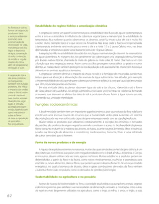 Estabilidade do regime hídrico e amenização climática
As florestas e outras
formas de vegetação
produzem bens                A vegetação exerce um papel fundamental para a estabilidade dos fluxos de água e da temperatura
e serviços ambientais    entre a terra e a atmosfera. A influência da cobertura vegetal para a manutenção da estabilidade da
essenciais para          temperatura fica evidente quando observamos os desertos, onde faz muito calor de dia e muito frio
a conservação da         à noite. Outro exemplo típico é o que ocorre na Amazônia. Nas áreas onde a floresta está preservada,
diversidade de vida,
manutenção dos rios,     a temperatura ambiente varia muito pouco entre o dia e a noite (1,5 a 2 graus Celsius) mas, nas áreas
lagos e depósitos        desmatadas, a temperatura pode variar bastante (cerca de 10 graus Celsius).
de água, conservação         A vegetação influi na estabilidade da vazão dos rios, lagos e na manutenção do nível de reservatórios
do solo, contenção       de água subterrânea. As margens dos rios geralmente são cobertas por uma vegetação densa, formada
da erosão e regula-      por árvores nativas típicas, chamada de mata de galeria ou mata ciliar. O nome ciliar tem a ver com
rização do clima,
além de proporcionar
                         a função que essa vegetação exerce. Assim como os cílios protegem nossos olhos da poeira e outros
recreação e lazer.       detritos, as matas ciliares também protegem os rios da poluição e do assoreamento e fornecem frutos que
                         alimentam os animais aquáticos e terrestres.
                             A vegetação também diminui o impacto da chuva no solo e a formação de enxurradas, dando mais
A vegetação típica
das áreas costeiras,     tempo para sua absorção e alimentação das reservas de água subterrânea. Nas cidades, por exemplo,
os manguezais,           a impermeabilidade do solo, grande parte coberto por cimento e asfalto, é a principal causa das enxurradas
também tem função        que têm provocado grandes enchentes.
protetora. Ela reduz         Em sua atividade diária, as plantas absorvem água do solo e das chuvas, liberando-a sob a forma
o impacto das ondas
                         de vapor, através de suas folhas. Ao atingir a atmosfera, esse vapor se concentra e se condensa, formando
sobre o litoral, assim
como é criadouro         as nuvens, que atenuam os efeitos dos raios do sol e produzem chuva. Assim, a água retorna ao solo,
para muitos animais.     mantendo sua umidade e fertilidade.
Quando essa vege-
tação é retirada,        Funções socioeconômicas
as ondas provocam
erosão, fazendo com
que o mar avance             A biodiversidade também tem um importante papel econômico, pois os produtos da flora e da fauna
sobre as faixas          constituem uma imensa riqueza de recursos que a humanidade utiliza para sustentar um sistema
de terra e a produção    de produção cada vez mais sofisticado capaz de gerar emprego e renda para as populações locais.
de pescados                  Quase todos os produtos que utilizamos cotidianamente, à exceção dos minérios e derivados
fica prejudicada.
                         de petróleo, são produtos de origem vegetal ou animal e constituem o acervo da biodiversidade do planeta.
                         Nesse conjunto incluem-se a madeira das árvores, os frutos, a carne e outros alimentos, óleos e essências
                         (usados na fabricação de alimentos e cosméticos), medicamentos, borracha, fibras e uma infinidade
                         de outros bens úteis para o homem.

                         Fonte de novos produtos e de energia

                             A riqueza de espécies existentes na natureza, muitas das quais ainda desconhecidas pela ciência, é um
                         dos potenciais econômicos que países com megadiversidade como o Brasil, a Índia, a Indonésia, o Congo,
                         entre outros, devem utilizar cada vez mais, agora e no futuro. Muitas substâncias e produtos podem ser
                         desenvolvidos a partir da flora e da fauna, como novos medicamentos, essências e aromáticos para
                         cosméticos, novos alimentos, óleos e fibras, que podem apoiar o desenvolvimento de um novo modelo
                         energético, no qual a biomassa de álcoois, óleos e gases combustíveis derivados da flora venham
                         a substituir fontes não renováveis, como os derivados de petróleo (ver Energia).

                         Sustentabilidade na agricultura e na pecuária

                            Apesar da riqueza da biodiversidade na Terra, a sociedade atual utiliza poucas espécies animais, vegetais
                         e de microrganismos para satisfazer suas necessidades de alimentação, vestuário e medicação, entre outras.
                         As espécies mais largamente utilizadas na agricultura, como o trigo, o milho, o arroz, o feijão, a soja,

62
 