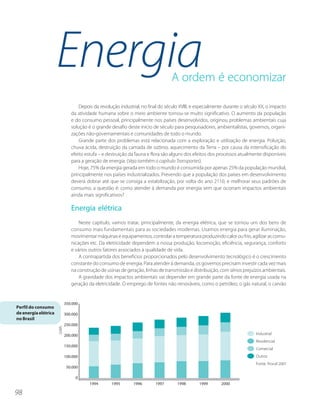 Energia                                           A ordem é economizar

                          Depois da revolução industrial, no final do século XVIII, e especialmente durante o século XX, o impacto
                      da atividade humana sobre o meio ambiente tornou-se muito significativo. O aumento da população
                      e do consumo pessoal, principalmente nos países desenvolvidos, originou problemas ambientais cuja
                      solução é o grande desafio deste início de século para pesquisadores, ambientalistas, governos, organi-
                      zações não-governamentais e comunidades de todo o mundo.
                          Grande parte dos problemas está relacionada com a exploração e utilização de energia. Poluição,
                      chuva ácida, destruição da camada de ozônio, aquecimento da Terra – por causa da intensificação do
                      efeito estufa – e destruição da fauna e flora são alguns dos efeitos dos processos atualmente disponíveis
                      para a geração de energia. (Veja também o capítulo Transportes).
                          Hoje, 75% da energia gerada em todo o mundo é consumida por apenas 25% da população mundial,
                      principalmente nos países industrializados. Prevendo que a população dos países em desenvolvimento
                      deverá dobrar até que se consiga a estabilização, por volta do ano 2110, e melhorar seus padrões de
                      consumo, a questão é: como atender à demanda por energia sem que ocorram impactos ambientais
                      ainda mais significativos?

                      Energia elétrica
                          Neste capítulo, vamos tratar, principalmente, da energia elétrica, que se tornou um dos bens de
                      consumo mais fundamentais para as sociedades modernas. Usamos energia para gerar iluminação,
                      movimentar máquinas e equipamentos, controlar a temperatura produzindo calor ou frio, agilizar as comu-
                      nicações etc. Da eletricidade dependem a nossa produção, locomoção, eficiência, segurança, conforto
                      e vários outros fatores associados à qualidade de vida.
                          A contrapartida dos benefícios proporcionados pelo desenvolvimento tecnológico é o crescimento
                      constante do consumo de energia. Para atender à demanda, os governos precisam investir cada vez mais
                      na construção de usinas de geração, linhas de transmissão e distribuição, com sérios prejuízos ambientais.
                          A gravidade dos impactos ambientais vai depender em grande parte da fonte de energia usada na
                      geração da eletricidade. O emprego de fontes não renováveis, como o petróleo, o gás natural, o carvão



Perfil do consumo
de energia elétrica
no Brasil




98
 