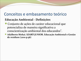 Conceitos e embasamento teórico
Educação Ambiental - Definições
Conjunto de ações de caráter educacional que
potencializa de maneira significativa a
conscientização ambiental dos educandos”.
Adalberto Mohai. SZABÓ JUNIOR. Educação Ambiental e Gestão
de resíduos (2010 p.56)
 