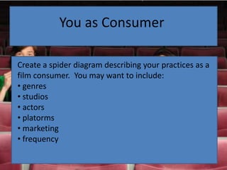 You as ConsumerCreate a spider diagram describing your practices as a film consumer.  You may want to include: genres