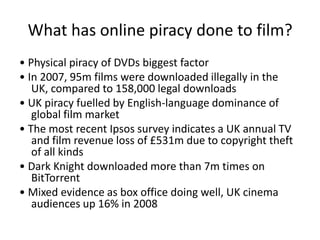  frequencyBritish Film AudiencesWatching films is one of the UK’s favourite pastimes. On average almost seven films are seen per person per month, either in the cinema, on video or television, or increasingly online and via portable devices. Age, gender, ethnicity and socio-economic status influence film preferences and the tendency to watch films at home or on the big screen – and to download films illicitly.