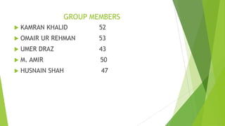 GROUP MEMBERS


KAMRAN KHALID

52



OMAIR UR REHMAN

53



UMER DRAZ

43



M. AMIR

50



HUSNAIN SHAH

47

 