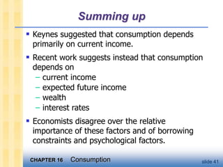 CHAPTER 16 Consumption slide 41
Summing up
 Keynes suggested that consumption depends
primarily on current income.
 Recent work suggests instead that consumption
depends on
– current income
– expected future income
– wealth
– interest rates
 Economists disagree over the relative
importance of these factors and of borrowing
constraints and psychological factors.
 
