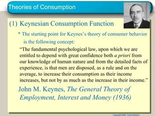 Copyright©2004 South-Western
Theories of Consumption
(1) Keynesian Consumption Function
* The starting point for Keynes’s theory of consumer behavior
is the following concept:
“The fundamental psychological law, upon which we are
entitled to depend with great confidence both a priori from
our knowledge of human nature and from the detailed facts of
experience, is that men are disposed, as a rule and on the
average, to increase their consumption as their income
increases, but not by as much as the increase in their income.”
John M. Keynes, The General Theory of
Employment, Interest and Money (1936)
 