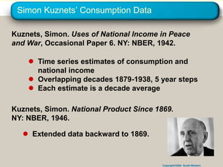 Copyright©2004 South-Western
Simon Kuznets’ Consumption Data
Kuznets, Simon. Uses of National Income in Peace
and War, Occasional Paper 6. NY: NBER, 1942.
 Time series estimates of consumption and
national income
 Overlapping decades 1879-1938, 5 year steps
 Each estimate is a decade average
Kuznets, Simon. National Product Since 1869.
NY: NBER, 1946.
 Extended data backward to 1869.
 