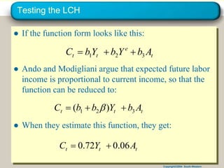 Copyright©2004 South-Western
Testing the LCH
● If the function form looks like this:
● Ando and Modigliani argue that expected future labor
income is proportional to current income, so that the
function can be reduced to:
● When they estimate this function, they get:
t
e
t
t A
b
Y
b
Y
b
C 3
2
1 


t
t
t A
b
Y
b
b
C 3
2
1 )
( 

 
t
t
t A
Y
C 06
.
0
72
.
0 

 