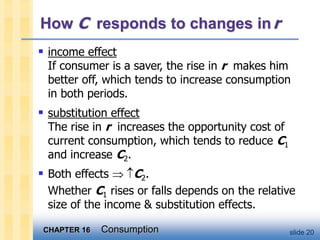 CHAPTER 16 Consumption slide 20
How C responds to changes inr
 income effect
If consumer is a saver, the rise in r makes him
better off, which tends to increase consumption
in both periods.
 substitution effect
The rise in r increases the opportunity cost of
current consumption, which tends to reduce C1
and increase C2.
 Both effects  C2.
Whether C1 rises or falls depends on the relative
size of the income & substitution effects.
 
