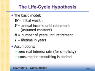 CHAPTER 16 Consumption slide 27
The Life-Cycle Hypothesis
 The basic model:
W = initial wealth
Y = annual income until retirement
(assumed constant)
R = number of years until retirement
T = lifetime in years
 Assumptions:
– zero real interest rate (for simplicity)
– consumption-smoothing is optimal
 