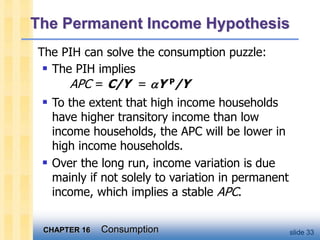 CHAPTER 16 Consumption slide 33
The PIH can solve the consumption puzzle:
 The PIH implies
APC = C/Y = aY P/Y
 To the extent that high income households
have higher transitory income than low
income households, the APC will be lower in
high income households.
 Over the long run, income variation is due
mainly if not solely to variation in permanent
income, which implies a stable APC.
The Permanent Income Hypothesis
 