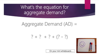 What's the equation for
aggregate demand?
Aggregate Demand (AD) =
? + ? + ? + (? - ?)
On your mini whiteboards……
 