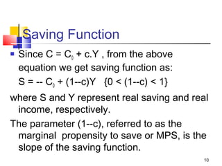Saving Function
 Since C = C0 + c.Y , from the above
equation we get saving function as:
S = -- C0 + (1--c)Y {0 < (1--c) < 1}
where S and Y represent real saving and real
income, respectively.
The parameter (1--c), referred to as the
marginal propensity to save or MPS, is the
slope of the saving function.
10
 