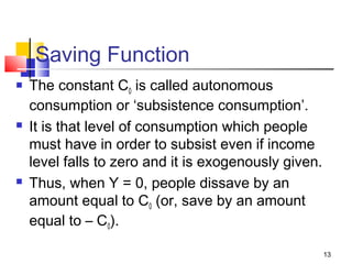 Saving Function
 The constant C0 is called autonomous
consumption or ‘subsistence consumption’.
 It is that level of consumption which people
must have in order to subsist even if income
level falls to zero and it is exogenously given.
 Thus, when Y = 0, people dissave by an
amount equal to C0 (or, save by an amount
equal to – C0).
13
 
