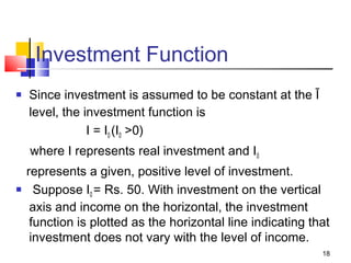 Investment Function
 Since investment is assumed to be constant at the Ī
level, the investment function is
I = I0 (I0 >0)
where I represents real investment and I0
represents a given, positive level of investment.
 Suppose I0 = Rs. 50. With investment on the vertical
axis and income on the horizontal, the investment
function is plotted as the horizontal line indicating that
investment does not vary with the level of income.
18
 