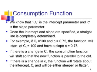 8
Consumption Function
 We know that ' C0 ' is the intercept parameter and 'c'
is the slope parameter.
 Once the intercept and slope are specified, a straight
line is completely determined.
 For example, if C0 =100 and c = 0.75, the function will
start at C0 = 100 and have a slope c = 0.75.
 If there is a change in C0, the consumption function
will shift so that the new function is parallel to the old.
 If there is a change in c, the function will rotate about
the intercept, C0 and will be either steeper or flatter.
 