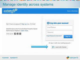 Connect across your enterprise apps



                                           Follow and Like!




                        Embed conversations!




@yammer !#yamjam12!
 