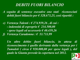 DEBITI FUORI BILANCIO
A seguito di sentenze esecutive ono stati riconosciuti
  debiti fuori bilancio per € 328.673,25, così ripartiti :

c) Vertenza Talenti : € 274.939,26 , di cui :
   - indennità di esproprio € 234.500,00
   - spese legali ed accessorie € 40.439,26
f) Vertenza Caradonna : € 53.733,99

   Un altro debito fuori bilancio, in attesa di
   riconoscimento è quello derivante dalla vertenza per i
   Tumuleti ( circa € 920.000,00 per spese legali ), del
   quale la Giunta prevede la copertura nel 2012.
                                                       42
 