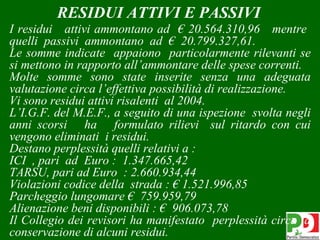 RESIDUI ATTIVI E PASSIVI
I residui attivi ammontano ad € 20.564.310,96 mentre
quelli passivi ammontano ad € 20.799.327,61.
Le somme indicate appaiono particolarmente rilevanti se
si mettono in rapporto all’ammontare delle spese correnti.
Molte somme sono state inserite senza una adeguata
valutazione circa l’effettiva possibilità di realizzazione.
Vi sono residui attivi risalenti al 2004.
L’I.G.F. del M.E.F., a seguito di una ispezione svolta negli
anni scorsi ha formulato rilievi sul ritardo con cui
vengono eliminati i residui.
Destano perplessità quelli relativi a :
ICI , pari ad Euro : 1.347.665,42
TARSU, pari ad Euro : 2.660.934,44
Violazioni codice della strada : € 1.521.996,85
Parcheggio lungomare € 759.959,79
Alienazione beni disponibili : € 906.073,78
Il Collegio dei revisori ha manifestato perplessità circa la43
conservazione di alcuni residui.
 