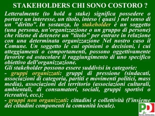 STAKEHOLDERS CHI SONO COSTORO ?
Letteralmente (to hold a stake) significa possedere o
portare un interesse, un titolo, inteso ( quasi ) nel senso di
un "diritto". In sostanza, lo stakeholder è un soggetto
(una persona, un'organizzazione o un gruppo di persone)
che ritiene di detenere un "titolo" per entrare in relazione
con una determinata organizzazione Nel nostro caso il
Comune. Un soggetto le cui opinioni o decisioni, i cui
atteggiamenti o comportamenti, possono oggettivamente
favorire od ostacolare il raggiungimento di uno specifico
obiettivo dell'organizzazione.
Gli stakeholder possono essere suddivisi in categorie:
- gruppi organizzati: gruppi di pressione (sindacati,
associazioni di categoria, partiti e movimenti politici, mass
media), associazioni del territorio (associazioni culturali,
ambientali, di consumatori, sociali, gruppi sportivi o
ricreativi, ecc.);
- gruppi non organizzati: cittadini e collettività (l'insieme
dei cittadini componenti la comunità locale).              5
 