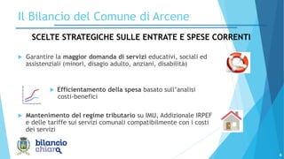 6
 Garantire la maggior domanda di servizi educativi, sociali ed
assistenziali (minori, disagio adulto, anziani, disabilità)
 Efficientamento della spesa basato sull’analisi
costi-benefici
 Mantenimento del regime tributario su IMU, Addizionale IRPEF
e delle tariffe sui servizi comunali compatibilmente con i costi
dei servizi
Il Bilancio del Comune di Arcene
SCELTE STRATEGICHE SULLE ENTRATE E SPESE CORRENTI
 