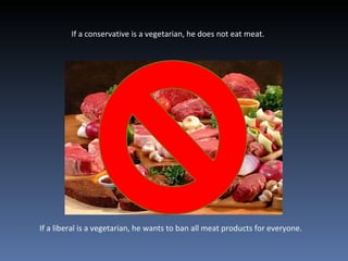 If a conservative is a vegetarian, he does not eat meat.  If a liberal is a vegetarian, he wants to ban all meat products for everyone. 