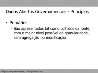 Dados Abertos Governamentais - Princípios
• Primários
– São apresentados tal como colhidos da fonte,
com o maior nível possível de granularidade,
sem agregação ou modificação
Image courtesy of Stuart Miles/ FreeDigitalPhotos.net
 