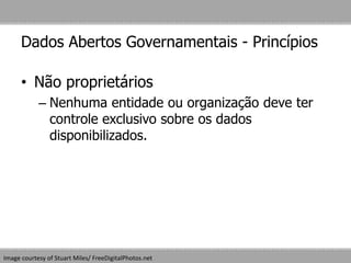 Dados Abertos Governamentais - Princípios
• Não proprietários
– Nenhuma entidade ou organização deve ter
controle exclusivo sobre os dados
disponibilizados.
Image courtesy of Stuart Miles/ FreeDigitalPhotos.net
 