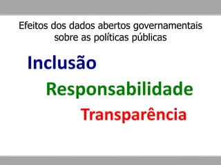 Efeitos dos dados abertos governamentais
sobre as políticas públicas
Responsabilidade
Transparência
Inclusão
 