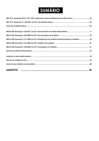 SUMÁRIO
NBC PI 01. Resolução CFC nº 781/1995 e alterações. Normas Profissionais do Auditor Interno........................................ 05
NBC TI 01. Resolução nº 1.329/2011 do CFC. Da Auditoria Interna........................................................................................06
Exercícios Auditoria Interna .......................................................................................................................................................09
NBCTA 200. Resolução 1.329/2011 do CFC. Normas Gerais do Auditor Independente......................................................11
NBCTA 230. Resolução 1.206/2009 do CFC. Documentação de Auditoria. .........................................................................27
NBCTA 300. Resolução 1.211/2009 do CFC. Planejamento da Auditoria de Demonstrações Contábeis.........................34
NBCTA 500. Resolução 1.217/2009 do CFC. Evidência de auditoria.....................................................................................41
NBCTA 530. Resolução 1.222/2009 do CFC. Amostragem em auditoria...............................................................................51
Exercícios Auditoria Independente...........................................................................................................................................59
Auditoria no setor público federal.............................................................................................................................................62
Normas de auditoria do TCU......................................................................................................................................................63
Exercícios de auditoria no setor público..................................................................................................................................88
GABARITOS ............................................................................................................................... 90
 