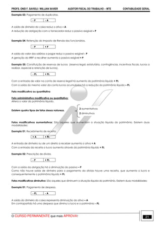 PROFS. ONEI F. SAVIOLI / WILLIAN XAVIER AUDITOR FISCAL DO TRABALHO −−−− MTE CONTABILIDADE GERAL
O CURSO PERMANENTE que mais APROVA! 21
Exemplo 03: Pagamento de duplicatas.
A saída de dinheiro do caixa reduz o ativo – A
A redução da obrigação com o fornecedor reduz o passivo exigível – P
Exemplo 04: Retenção do Imposto de Renda dos funcionários.
A saída do valor dos salários a pagar reduz o passivo exigível - P
A geração do IRRF a recolher aumenta o passivo exigível + P
Exemplo 05: Constituição de reservas de lucros (reserva legal, estatutária, contingências, incentivos fiscais, lucros a
realizar, especial e retenção de lucros).
Com a entrada de valor na conta de reserva legal há aumento do patrimônio líquido + PL
Com a saída do mesmo valor da conta lucros acumulados há a redução do patrimônio líquido – PL
Fato modificativo ou quantitativo
Fato administrativo modificativo ou quantitativo:
Altera o valor do patrimônio líquido.
Existem quatro tipos de fatos dessa natureza.
Fatos modificativos aumentativos: São aqueles que aumentam a situação líquida do patrimônio. Existem duas
modalidades:
Exemplo 01: Recebimento de receita.
A entrada de dinheiro ou de um direito a receber aumenta o ativo + A
Com a entrada da receita o lucro aumenta através do patrimônio líquido + PL
Exemplo 02: Prescrição de dívida.
Com a saída da obrigação há a diminuição do passivo – P
Como não houve saída de dinheiro para o pagamento da dívida houve uma receita, que aumenta o lucro e
consequentemente o patrimônio líquido + PL
Fatos modificativos diminutivo: São aqueles que diminuem a situação líquida do patrimônio. Existem duas modalidades:
Exemplo 01: Pagamento de despesa.
A saída do dinheiro do caixa representa diminuição do ativo – A
Em contrapartida há uma despesa que diminui o lucro e o patrimônio - PL
- P - A
- P + P
- PL + PL
+ A + PL
- P + PL
- PL - A
2 aumentativos
2 diminutivos
 