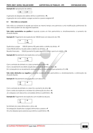 PROFS. ONEI F. SAVIOLI / WILLIAN XAVIER AUDITOR FISCAL DO TRABALHO −−−− MTE CONTABILIDADE GERAL
O CURSO PERMANENTE que mais APROVA! 22
Exemplo 02: Apropriação de salários.
A geração da despesa de salários diminui o patrimônio - PL
A geração da conta salários a pagar aumenta o passivo exigível + P
8.1 Fato misto ou composto
Fato misto ou composto é aquele que reúne ao mesmo tempo uma permuta e uma modificação patrimonial. Os
fatos mistos podem ser das seguintes espécies:
Fato misto aumentativo ou positivo é quando ocorre um fato permutativo e, simultaneamente, o aumento da
situação líquida.
Exemplo 01: Pagamento de duplicata de 1000,00 reais com desconto de 10%.
Duplicatas a pagar 1000,00 (diminui PE) pela saída a crédito da dívida; - P
Caixa 900,00 (diminui A) pela saída a débito do dinheiro; - A
Receita financeira 100,00 (aumenta PL) pelo desconto obtido, que é um crédito. + PL
Exemplo 02: Recebimento de duplicatas com juro.
Com a entrada de dinheiro no caixa aumenta-se o ativo + A
Com o recebimento do direito (duplicatas a receber) diminui o ativo – A
Em consequência ao recebimento de (juros ativos) a uma receita que aumenta o PL + PL
Fato misto diminutivo ou negativo é quando ocorre um fato permutativo e, simultaneamente, a diminuição da
situação líquida.
Exemplo 01: Recebimento de duplicatas com descontos.
Com a entrada de dinheiro no caixa há o aumento do ativo +A
Com a saída da duplicata a receber há a diminuição do ativo – A
Já a despesa com descontos concedidos diminui o patrimônio - PL
Exemplo 02: Pagamento de duplicata com incidência de juros.
Sai dinheiro do caixa diminuindo o ativo – A
Sai obrigação (duplicatas a pagar) diminuindo o passivo – P
Há uma despesa (juros passivos) que diminui o patrimônio – PL
- PL + P
- P - A
+ PL
+ A - A
+ PL
+ A
- PL
- A
- P
- PL
- A
 