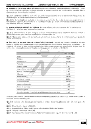 PROFS. ONEI F. SAVIOLI / WILLIAN XAVIER AUDITOR FISCAL DO TRABALHO −−−− MTE CONTABILIDADE GERAL
O CURSO PERMANENTE que mais APROVA! 65
04. [Contador-(C1)-(CE)-(NS)-(T)-MTE/2014-UnB] Considerando a legislação vigente e os pronunciamentos do Comitê
de Pronunciamentos Contábeis, julgue os itens que se seguem, relativos aos procedimentos utilizados para a
elaboração das demonstrações contábeis.
1) (I.52) A substância econômica é um fator que, embora seja acessório, deve ser considerado na apuração do
valor de registro de um ativo e nas suas avaliações posteriores.
2) (I.53) Na demonstração do resultado do exercício, a apresentação das perdas e das despesas geralmente é
feita de forma separada, fundamentando-se esse fato em razões que levam à tomada de decisão econômica e
não em razões de cunho conceitual.
05. [Agente Pol. Fed.-(Pr. Obj.)-DPF-MJ/2012-UnB] No que se refere ao disposto no Comitê de Pronunciamentos
Contábeis 04 – ativo intangível, julgue os itens seguintes.
1) (I.78) O valor amortizável de ativo intangível com vida útil indefinida deverá ser amortizado de modo a refletir o
padrão de consumo, pela entidade, dos benefícios econômicos futuros.
2) (I.79) Não deve ser reconhecido como ativo o ágio derivado da expectativa de rentabilidade futura (goodwill)
gerado internamente.
06. [Anal. Jud. -(Ár. Ap. Espec.)-(Esp. Téc. Cont.)-(C30)-TJ-ES/2011-UnB] Considere que o sistema contábil da empresa
comercial Zeta S.A. tenha se extraviado logo no primeiro exercício de constituição da empresa, fundada em 1.º de
março de x10, e que as seguintes informações tenham sido recuperadas para a reconstituição do balancete de
verificação e elaboração das demonstrações contábeis a serem levantadas em 31/12/x10.
Conta saldo (em R$)
Caixa 15.000
Estoques 40.000
capital social 50.000
Veículos ?
títulos a pagar 9.000
depreciação acumulada – veículos 4.000
bancos conta movimento 9.000
Clientes 8.000
Fornecedores 14.000
receita de vendas 23.000
custo das vendas 13.000
despesas de vendas 1.000
lucros do exercício 4.700
despesas gerais 2.000
imposto de renda e contribuição social sobre o lucro a recolher 2.300
Sabendo que não foram consideradas possíveis participações ou destinações para o lucro, julgue os itens de 1 a 5
com base nas informações acima.
1) (I.55) O resultado antes da dedução do imposto de renda e da contribuição social sobre o lucro é igual a R$
7.000.
2) (I.56) O total do ativo é igual a R$ 68.000.
3) (I.57) A maior parte do capital total à disposição da empresa pertence a terceiros.
4) (I.58) O exigível corresponde a R$ 25.300.
5) (I.59) A soma dos saldos das contas de resultado no início do exercício seguinte deverá ser de R$ 4.700.
 