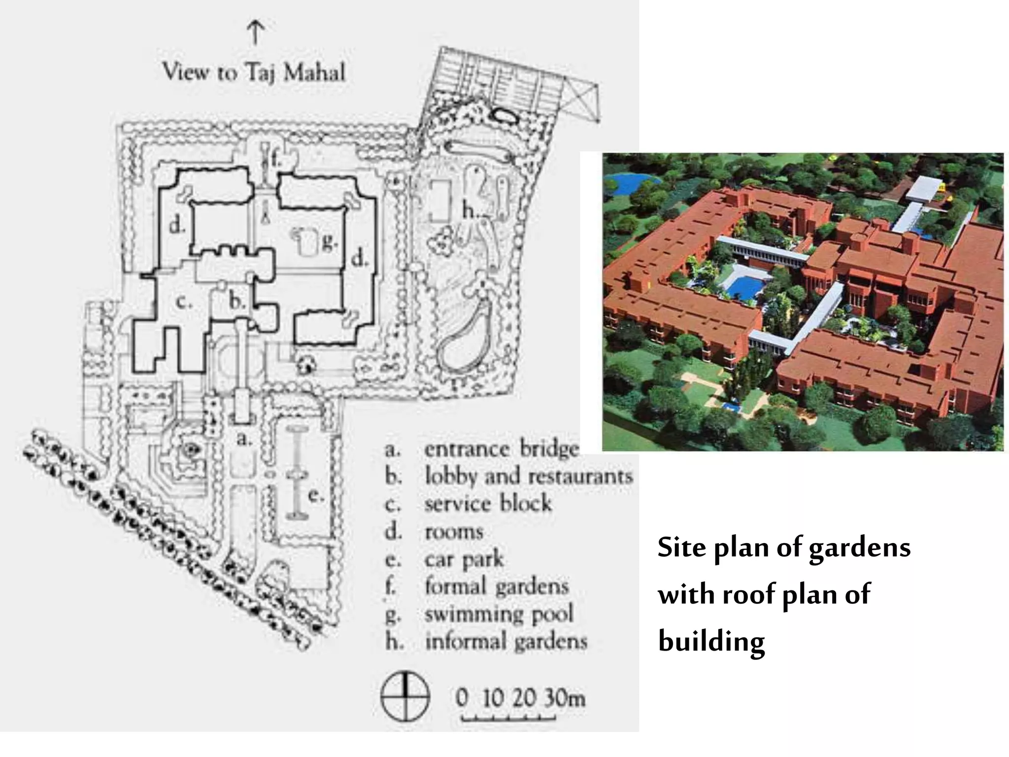 Site plan of gardens
with roof plan of
building
 
