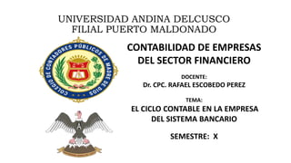 UNIVERSIDAD ANDINA DELCUSCO
FILIAL PUERTO MALDONADO
CONTABILIDAD DE EMPRESAS
DEL SECTOR FINANCIERO
DOCENTE:
Dr. CPC. RAFAEL ESCOBEDO PEREZ
TEMA:
EL CICLO CONTABLE EN LA EMPRESA
DEL SISTEMA BANCARIO
SEMESTRE: X
 