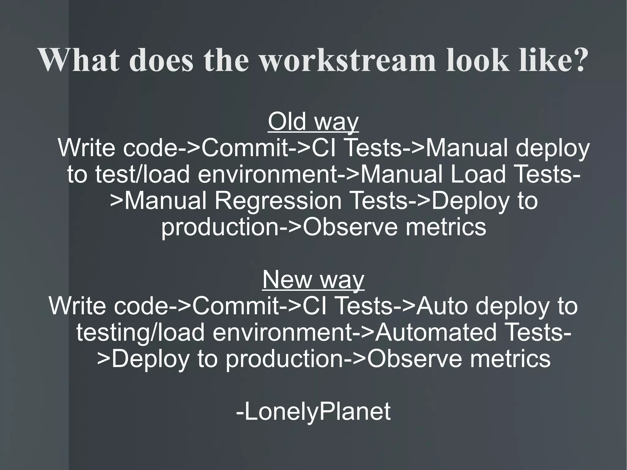 What does the workstream look like? Old way Write code->Commit->CI Tests->Manual deploy to test/load environment->Manual Load Tests->Manual Regression Tests->Deploy to production->Observe metrics New way Write code->Commit->CI Tests->Auto deploy to testing/load environment->Automated Tests->Deploy to production->Observe metrics -LonelyPlanet 