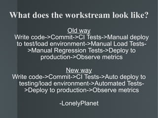 What does the workstream look like? Old way Write code->Commit->CI Tests->Manual deploy to test/load environment->Manual Load Tests->Manual Regression Tests->Deploy to production->Observe metrics New way Write code->Commit->CI Tests->Auto deploy to testing/load environment->Automated Tests->Deploy to production->Observe metrics -LonelyPlanet 