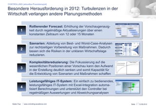 CONTROLLING (aktuelles Praxisbeispiel) 
Besondere Herausforderung in 2014: Turbulenzen in der 
Wirtschaft verlangen andere Planungsmethoden 
Stefan Paul 
Seite: 7 15.03.14 
Szenarien: Ableitung von Best- und Worst-Case-Analysen 
zur rechtzeitigen Vorbereitung von Maßnahmen. Dadurch 
lassen sich die Risiken in der unklaren Wirtschaftslage 
reduzieren. 
2 
Rollierender Forecast: Erhöhung der Vorschaugenauig-keit 
durch regelmäßige Aktualisierungen über einen 
konstanten Zeitraum von 12 oder 15 Monaten 
1 
Komplexitätsreduzierung: Die Fokussierung auf die 
wesentlichen Positionen einer Vorschau kann den Aufwand 
in der Erstellung deutlich senken und somit Kapazität für 
die Entwicklung von Szenarien und Maßnahmen schaffen 
3 
Leistungsfähiges IT-System: Ein einfach zu bedienendes, 
leistungsfähiges IT-System mit Excel-Integration automa-tisiert 
Berechnungen und unterstützt den Controller bei 
regelmäßigen Auswertungen und Abweichungsanalysen 
4 
www.controlling-excellence.com 
 