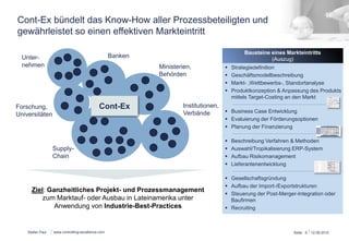 Cont-Ex bündelt das Know-How aller Prozessbeteiligten und 
gewährleistet so einen effektiven Markteintritt 
Banken 
Supply- 
Chain 
Ministerien, 
Behörden 
Forschung, 
Universitäten 
Institutionen, 
Verbände 
Cont-Ex 
Ziel: Ganzheitliches Projekt- und Prozessmanagement 
Stefan Paul 
zum Marktauf- oder Ausbau in Lateinamerika unter 
Anwendung von Industrie-Best-Practices 
www.controlling-excellence.com Seite: 9 15.03.14 
Unter-nehmen 
Bausteine eines Markteintritts 
(Auszug) 
§ Strategiedefinition 
§ Geschäftsmodellbeschreibung 
§ Markt- ,Wettbewerbs-, Standortanalyse 
§ Produktkonzeption & Anpassung des Produkts 
mittels Target-Costing an den Markt 
§ Business Case Entwicklung 
§ Evaluierung der Förderungsoptionen 
§ Planung der Finanzierung 
§ Beschreibung Verfahren & Methoden 
§ Auswahl/Tropikalisierung ERP-System 
§ Aufbau Risikomanagement 
§ Lieferantenentwicklung 
§ Gesellschaftsgründung 
§ Aufbau der Import-/Exportstrukturen 
§ Steuerung der Post-Merger-Integration oder 
Baufirmen 
§ Recruiting 
 